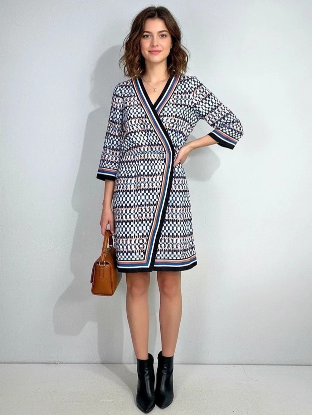 White House Black Market LS Wrap Dress Geometric Mini Dress in Blue & White XXS